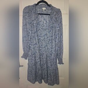 Max Studio Long Sleeve Floral Knee Length Dress in Blue With Ruffle Detail